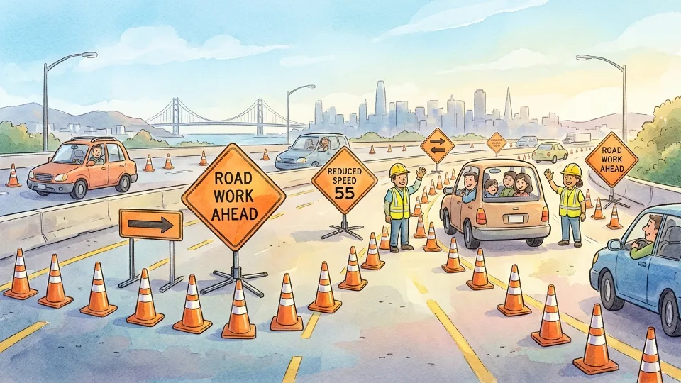 Highway construction zone with orange traffic cones and work zone signs on urban freeway
