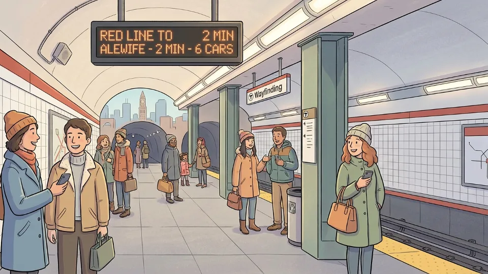 Boston MBTA subway platform with waiting passengers and arrival information board