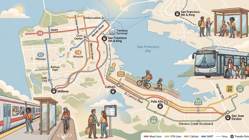 Transit route map display showing bus line numbers and street routes