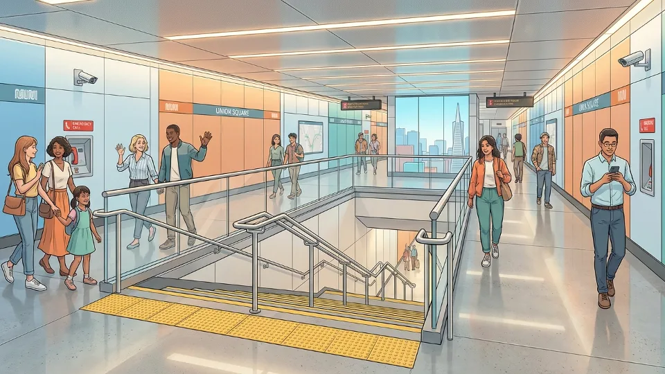 San Francisco Muni Central Subway station interior showing platform level with step access and safety features. Alt text: Central Subway station platform steps Union Square San Francisco Muni. Composition: Detail shot of station platform showing step infrastructure, safety railings, and passenger circulation areas.