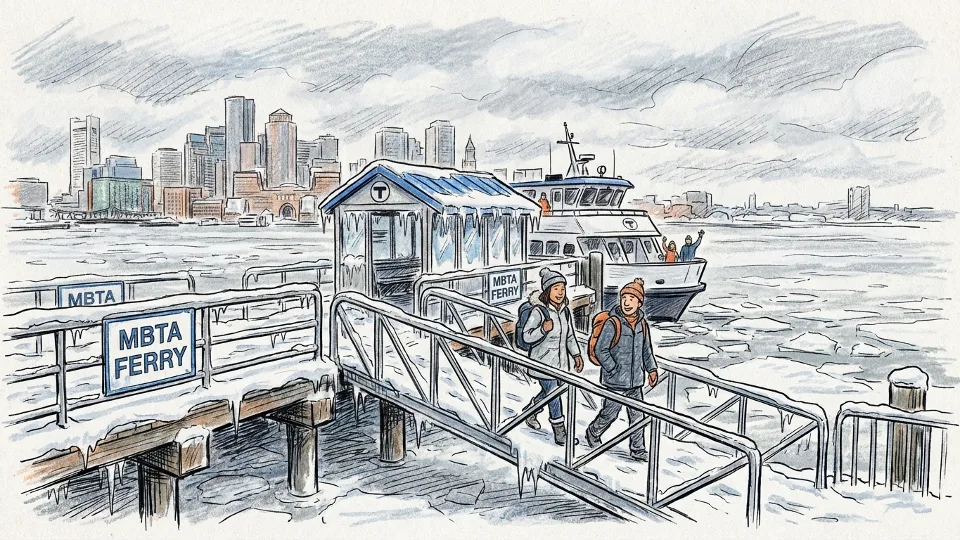 MBTA ferry dock covered in snow and ice with Boston Harbor frozen in background