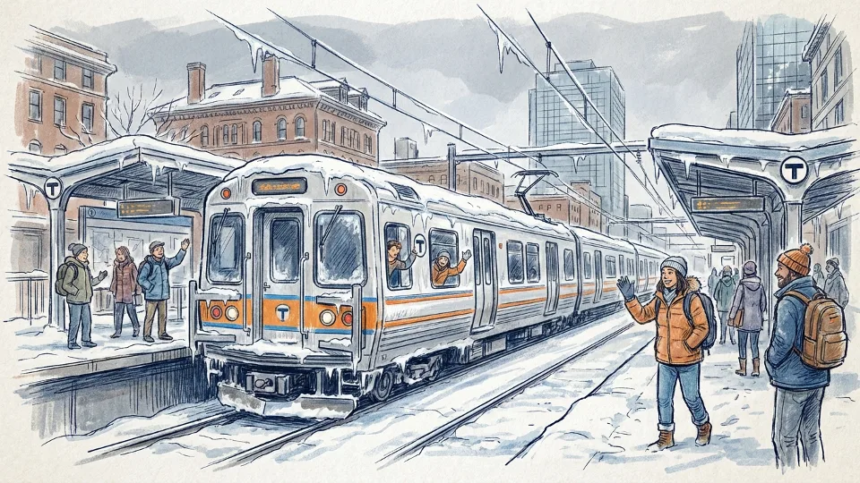 Snow-covered MBTA train at downtown Boston station platform with ice accumulation on tracks