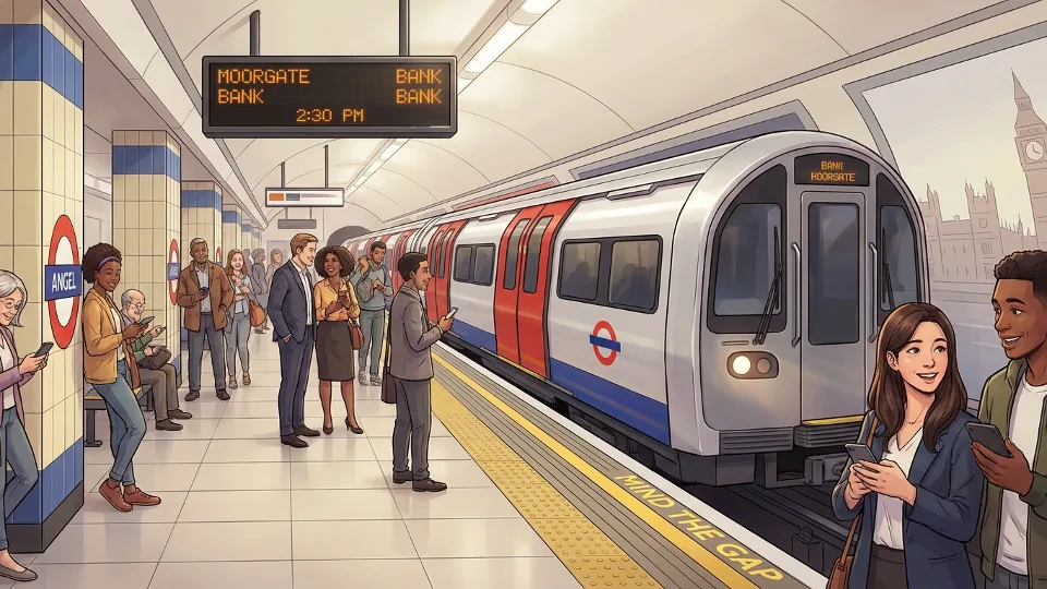 Transport for London Underground train at station platform with passengers waiting