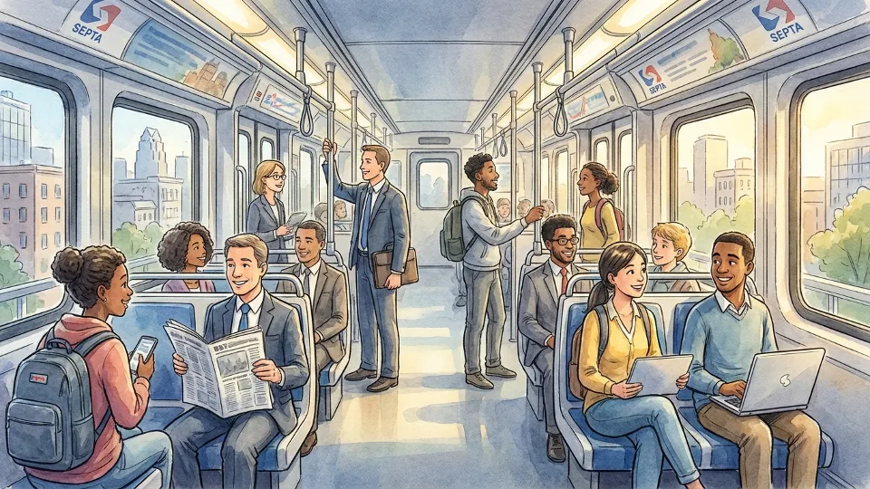 Interior view of regional rail train car with commuters during morning rush hour