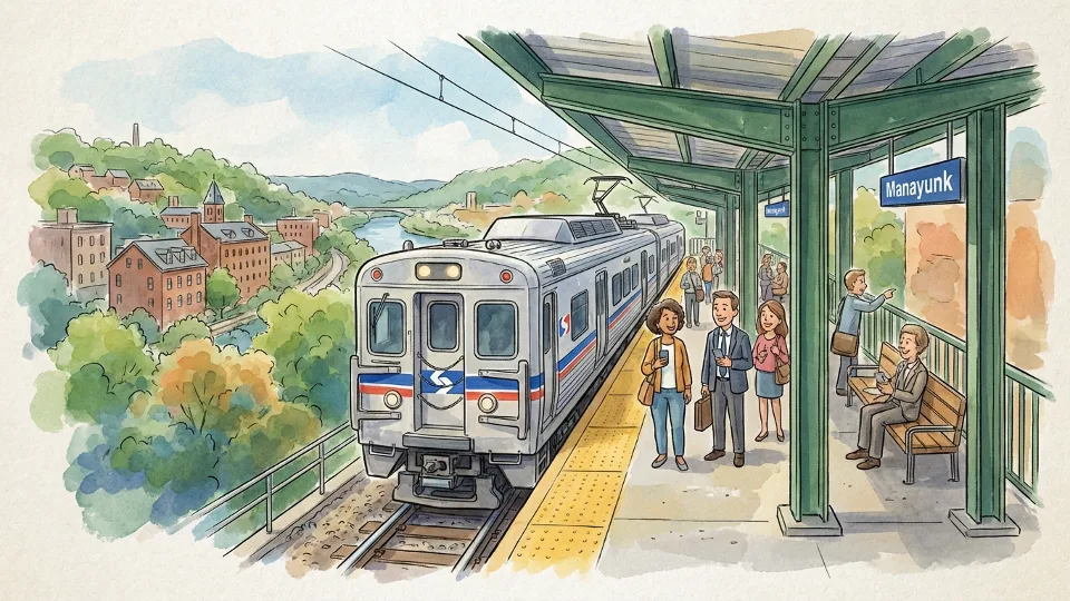 Regional rail train at Manayunk station platform with passengers waiting
