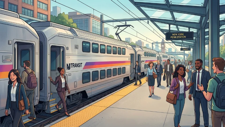 NJ Transit train at station platform with passengers boarding