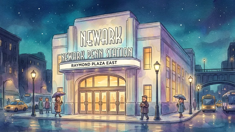 Newark Penn Station Raymond Plaza East entrance exterior at night with station signage visible