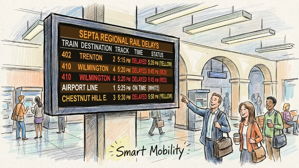 Digital transit information display board showing train delay notification at Philadelphia station