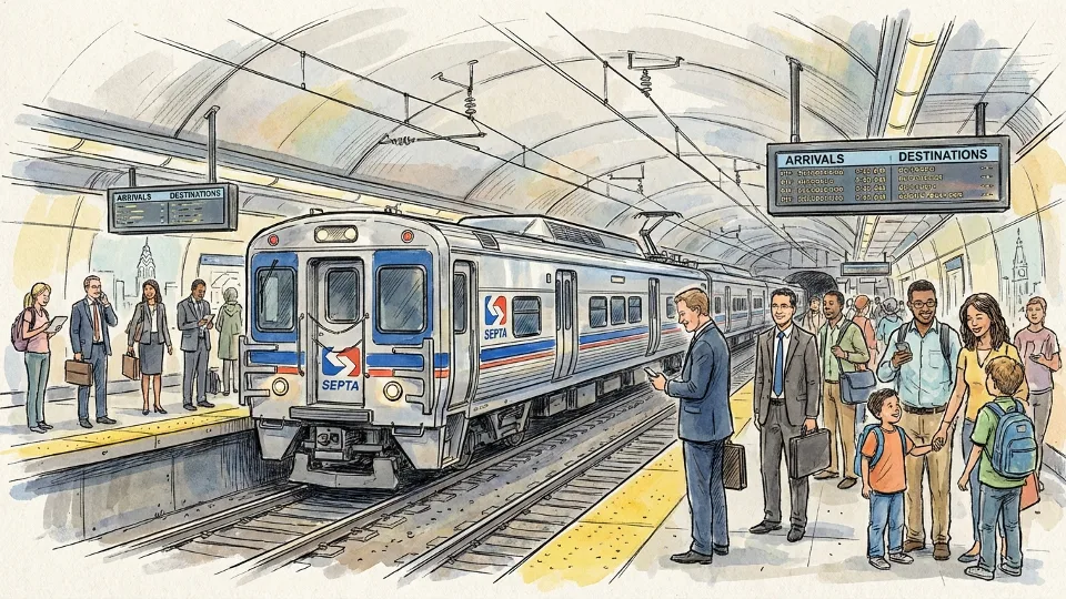 Regional rail train at Suburban Station platform in Center City Philadelphia with commuters waiting