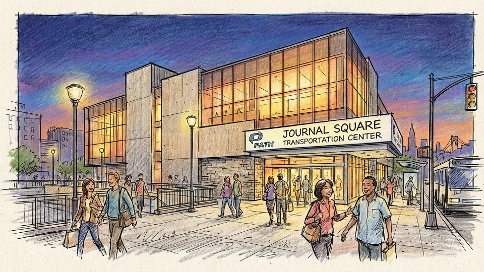 Journal Square Transportation Center exterior showing main entrance and pedestrian areas during evening hours