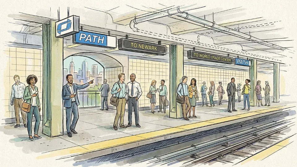 PATH train platform at Journal Square Transportation Center with passengers waiting for service