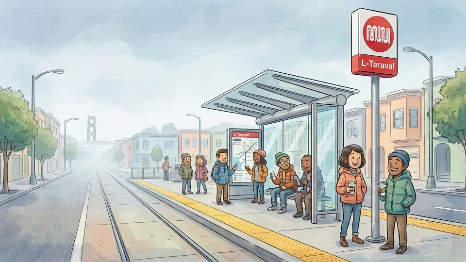 Muni metro stop sign on Taraval Street with platform and shelter in San Francisco's Sunset District