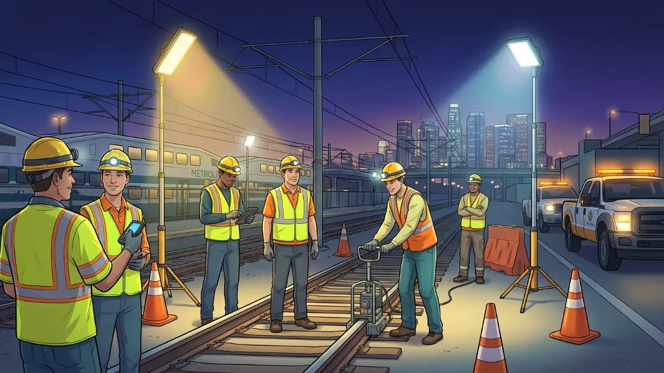 Railroad maintenance crew working on commuter rail tracks at night with safety lighting
