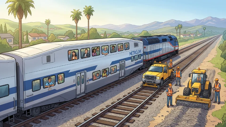 Metrolink commuter train on Ventura County Line tracks with maintenance equipment visible alongside