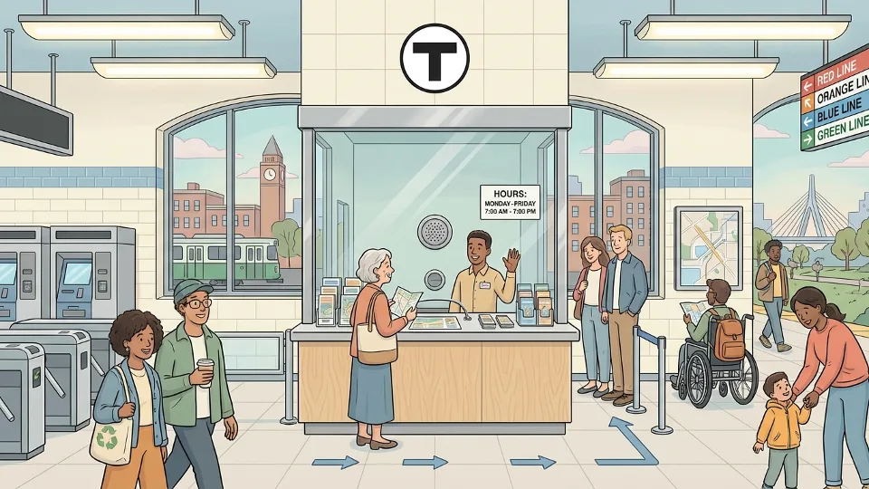 Passenger information center service window at transit station with operating hours posted