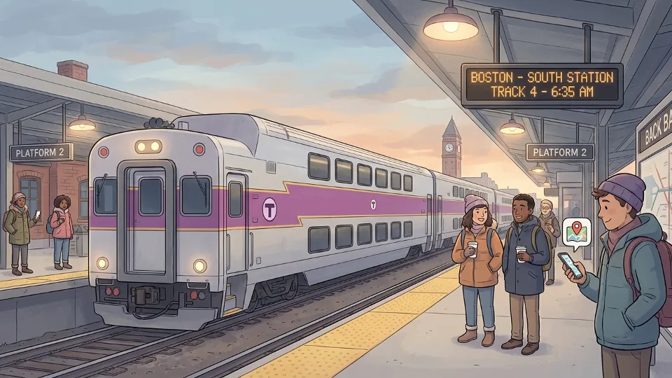 Boston Commuter Rail train at station platform during early morning hours with passenger information signage visible