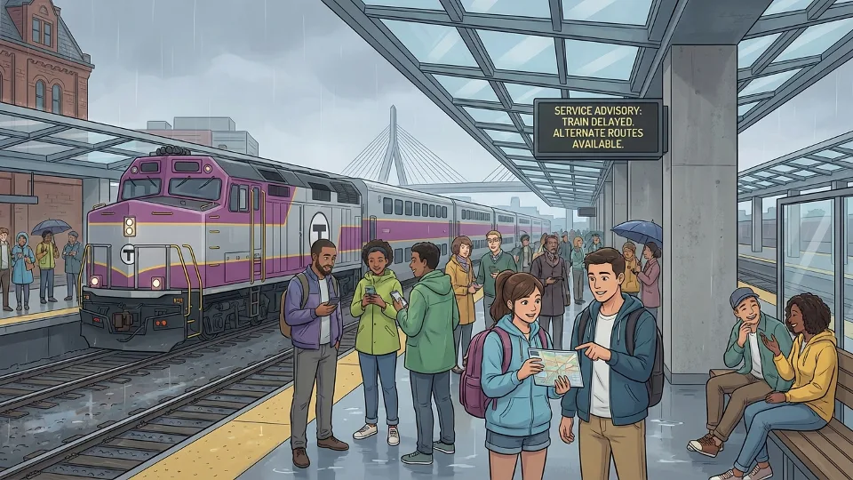 Commuter rail train stopped at platform with passengers waiting during service disruption