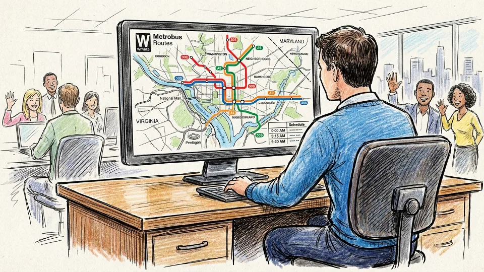Person viewing transit schedule on computer screen showing bus route map