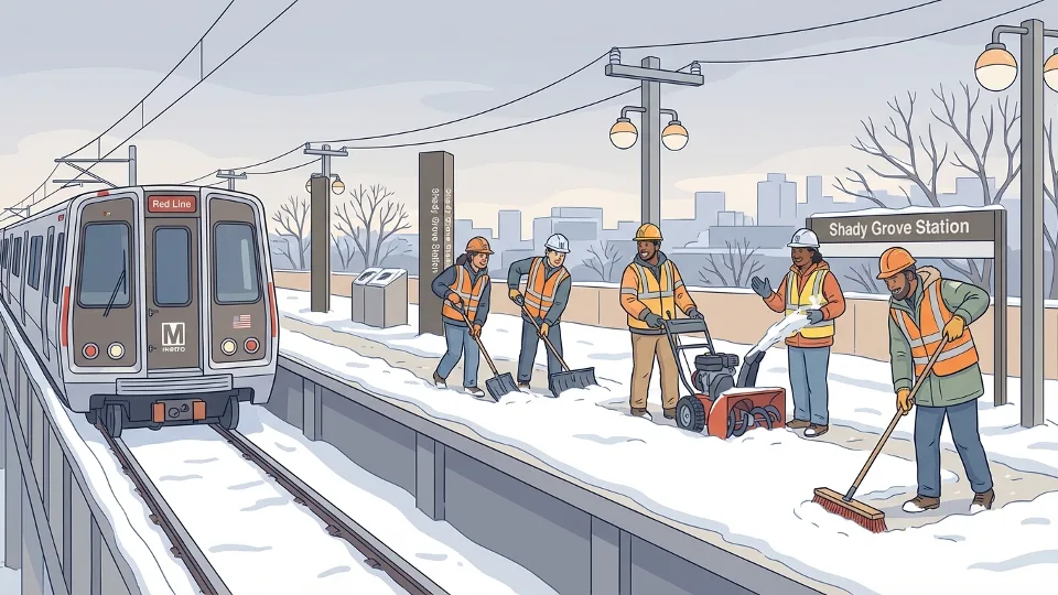 Metro train at outdoor station with snow-covered platform and transit workers clearing pathways for passenger safety
