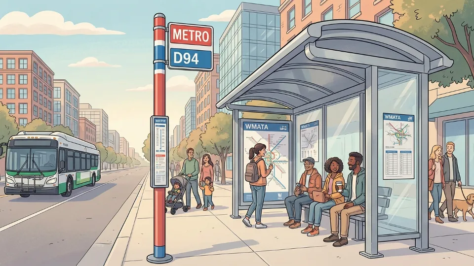 Metro bus stop sign and shelter in DC Maryland Virginia area|D94 route bus stop with passenger waiting area|Wide shot showing stop infrastructure and street context