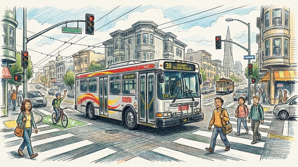 San Francisco Muni bus at intersection with traffic signals