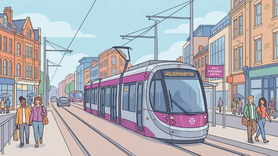 West Midlands tram traveling through urban corridor
