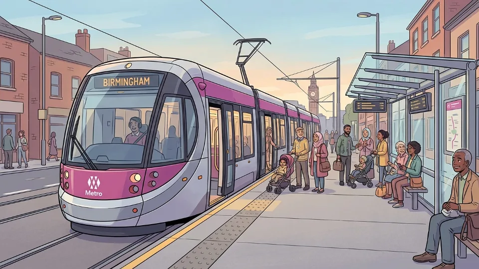 West Midlands tram at station platform with passengers waiting