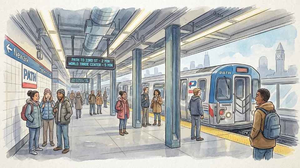 PATH train at Journal Square station platform with passengers waiting, modern transit infrastructure visible, daytime lighting showing station signage and platform details