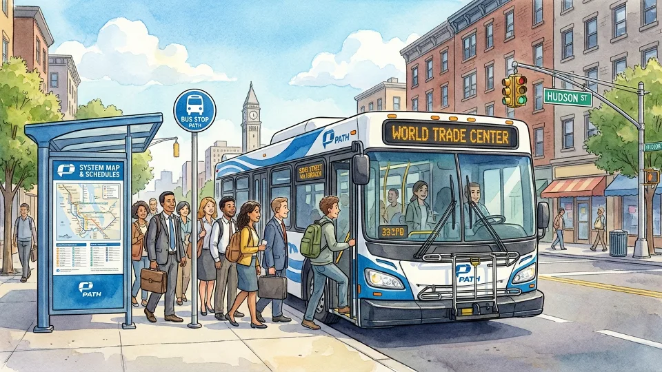 PATH shuttle bus at transit stop with route signage, passengers boarding, urban street setting in New Jersey with clear destination markers visible