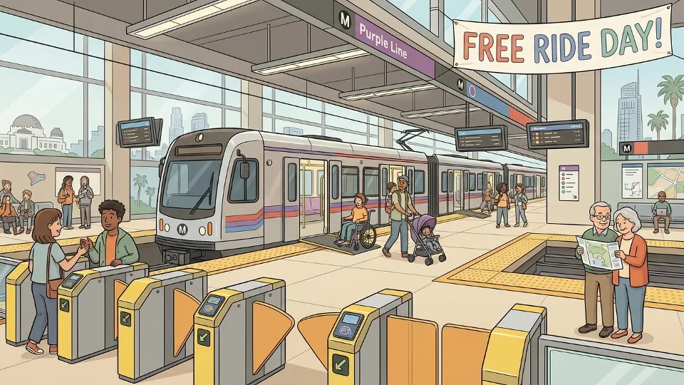 Description: Metro Rail train at platform with fare gates visible in foreground
Alt text: Los Angeles Metro Rail station showing train at platform and fare gates for free ride day coverage
Composition: Platform perspective with train doors open, fare gates prominent, station signage visible