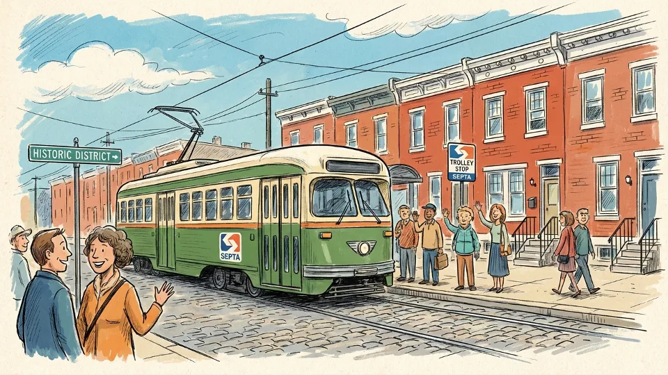 SEPTA trolley on Philadelphia street with historic buildings in background, showing iconic green and cream colored transit vehicle at stop