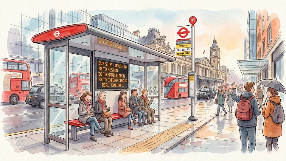 Euston station bus stop with route number display and passenger shelter