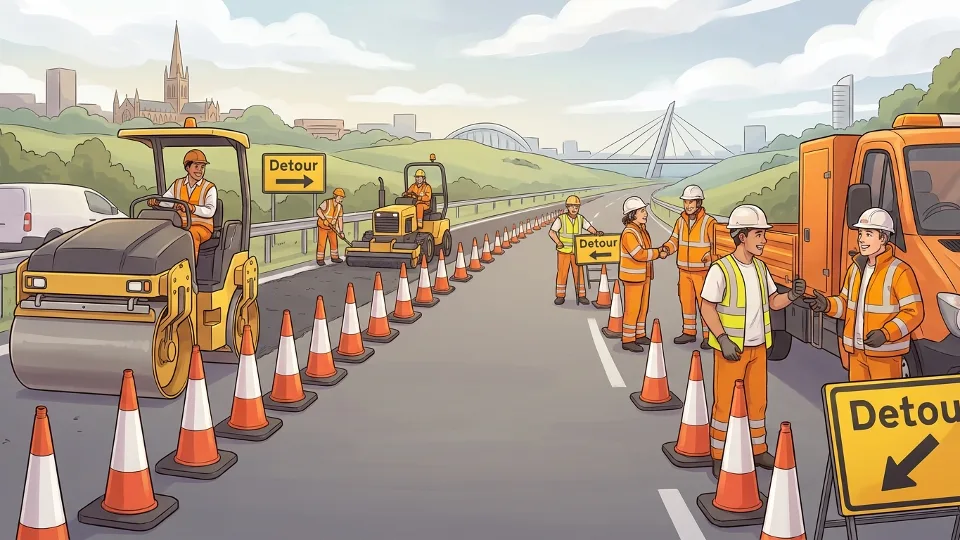 Highway maintenance crew working on road surface with traffic cones and detour signs directing vehicles around work zone