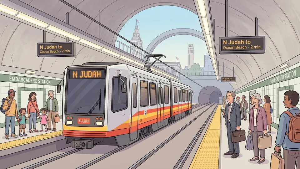 N Judah light rail train at Embarcadero Station platform with passengers waiting