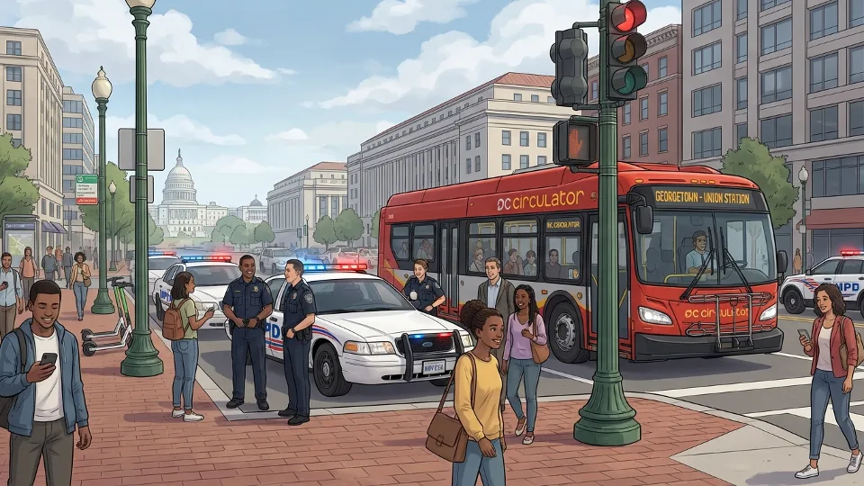 Police vehicles and transit bus on DC street during law enforcement operation