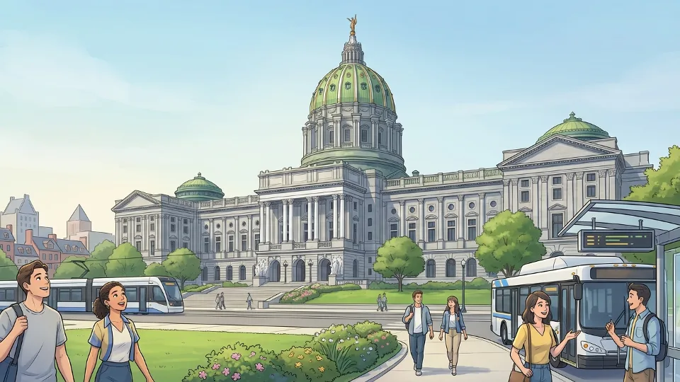 Pennsylvania State Capitol building in Harrisburg with dome visible, daytime exterior view