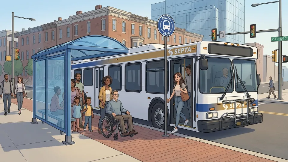 Pennsylvania transit bus at urban stop with passengers, representing statewide public transportation services