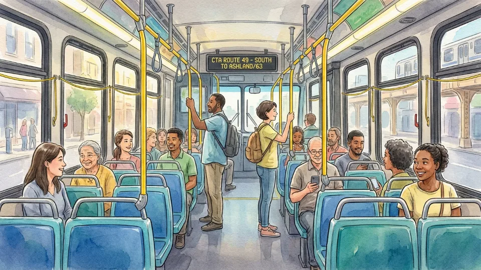 Interior view of CTA bus showing passengers seated and standing during typical service hours