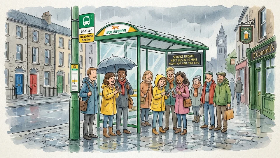 Bus stop in Ireland with waiting passengers during service disruption