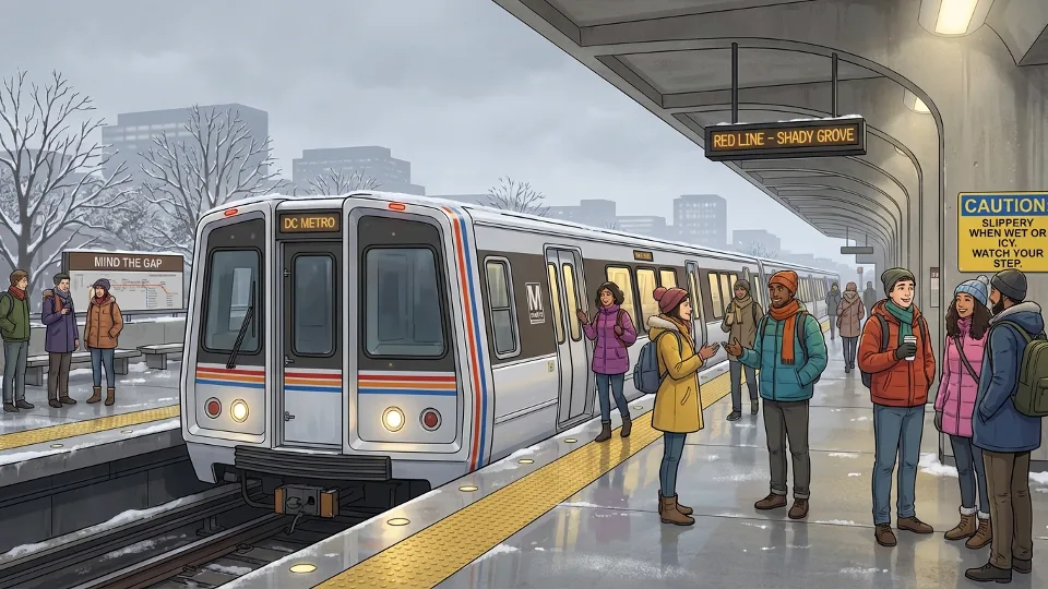 Metro train at platform with winter weather conditions and safety signage visible