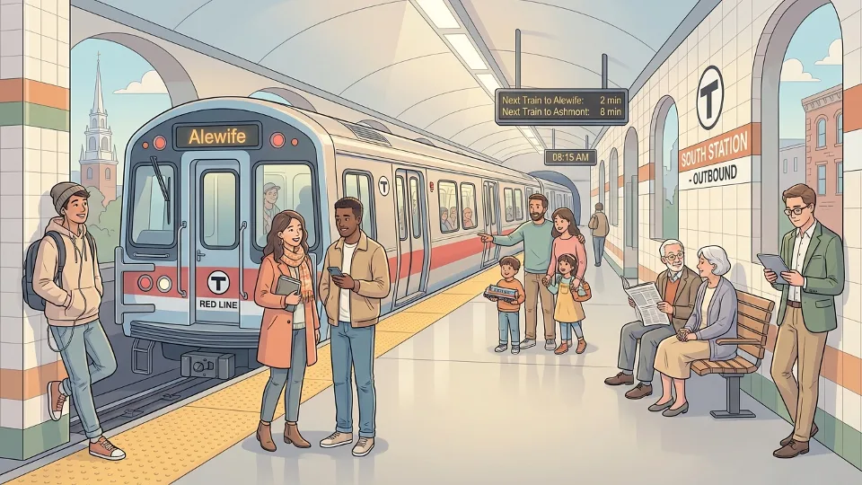 Boston MBTA Red Line train at station platform with passengers waiting, modern subway car visible, indoor station lighting