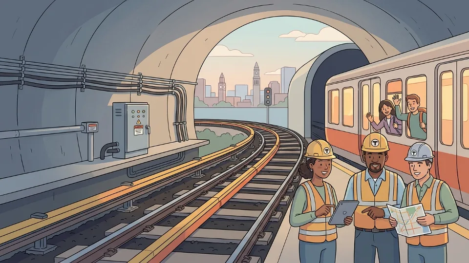 MBTA Red Line subway tracks and signal equipment, railway infrastructure visible, transit maintenance perspective