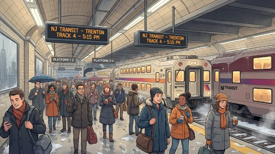 Penn Station New York platform with NJ TRANSIT commuter trains and passengers waiting during winter conditions