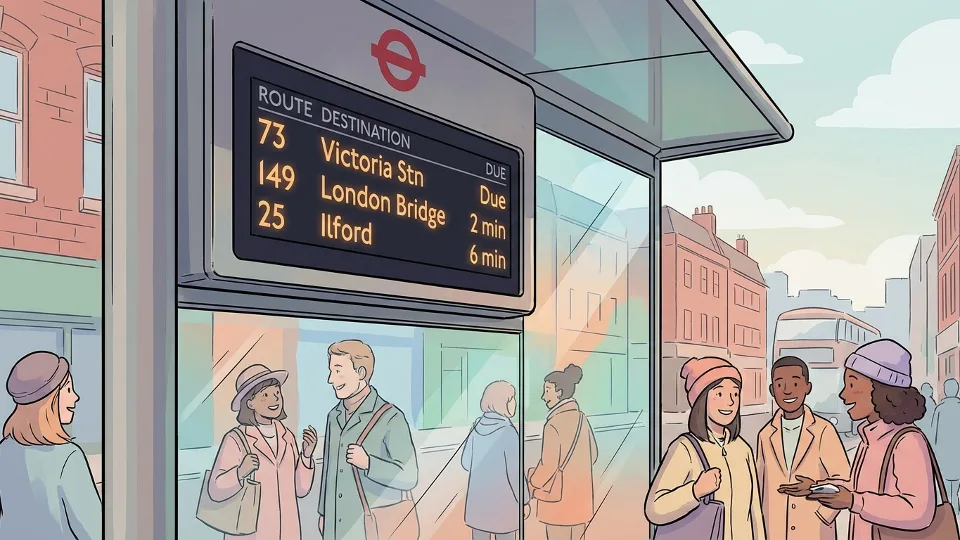 Close-up view of digital departure information screen at London bus stop showing service status