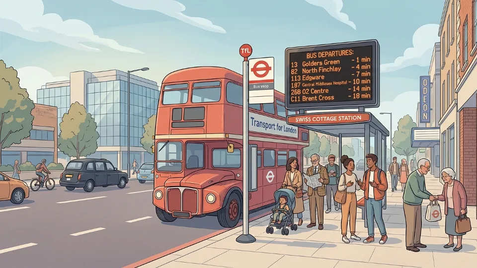 London bus at Swiss Cottage Station stop on Finchley Road with departure information screen visible in background