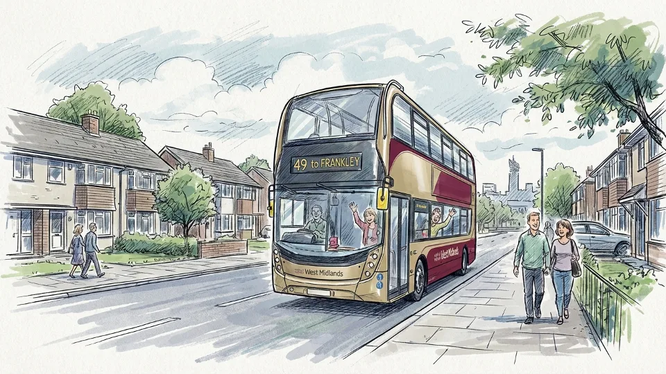 West Midlands bus on residential street in Frankley area with trees visible