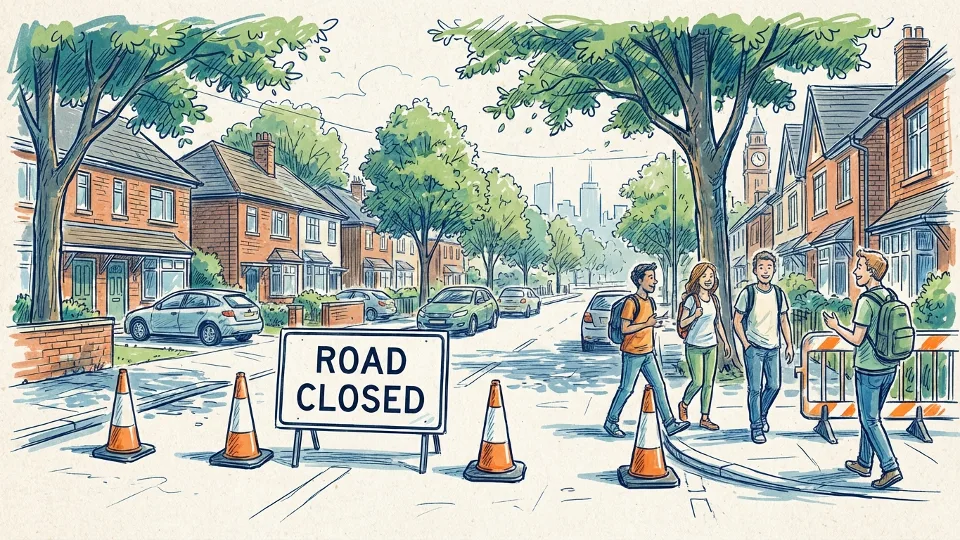 Road closed sign with traffic cones on residential street with trees overhead