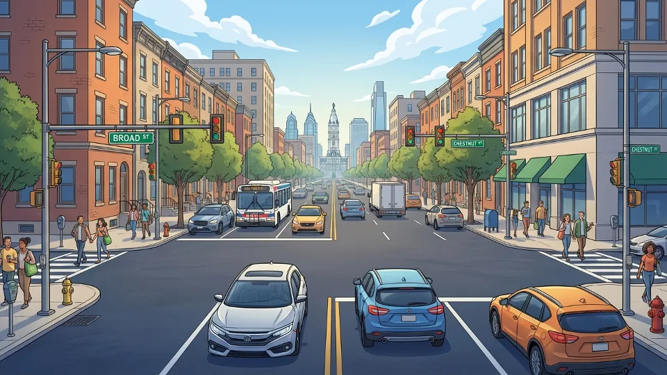 Wide multi-lane urban boulevard with traffic flowing normally during daytime