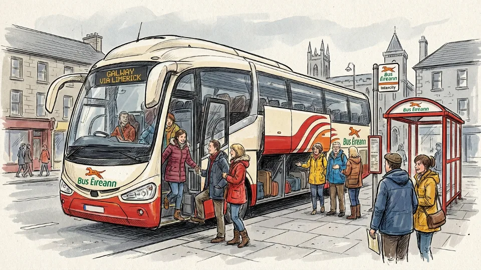 Bus Éireann coach at passenger stop with riders boarding