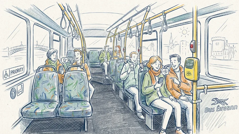 Interior of public transit bus showing passenger seating area